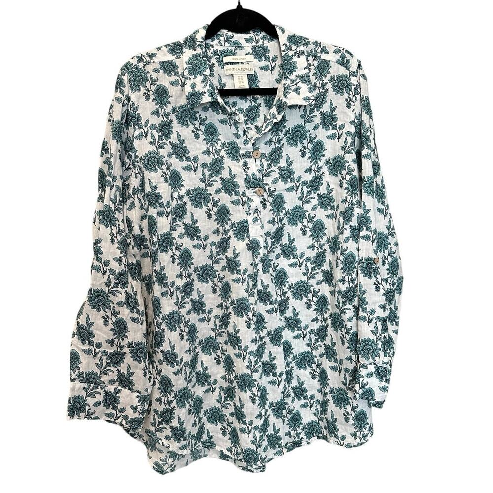 Cynthia Rowley 100% Linen Floral Tunic Blouse White Teal 1X Boho Cottagecore